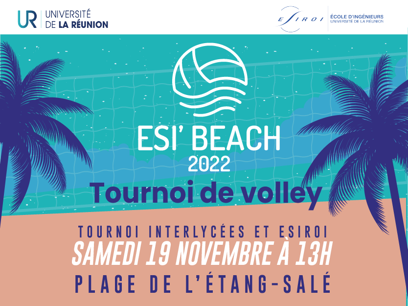 Affiche du tournoi de ESI'Beach, tournoi de beach volley qui aura lieu le 19 novembre à la plage de l'Étang Salé