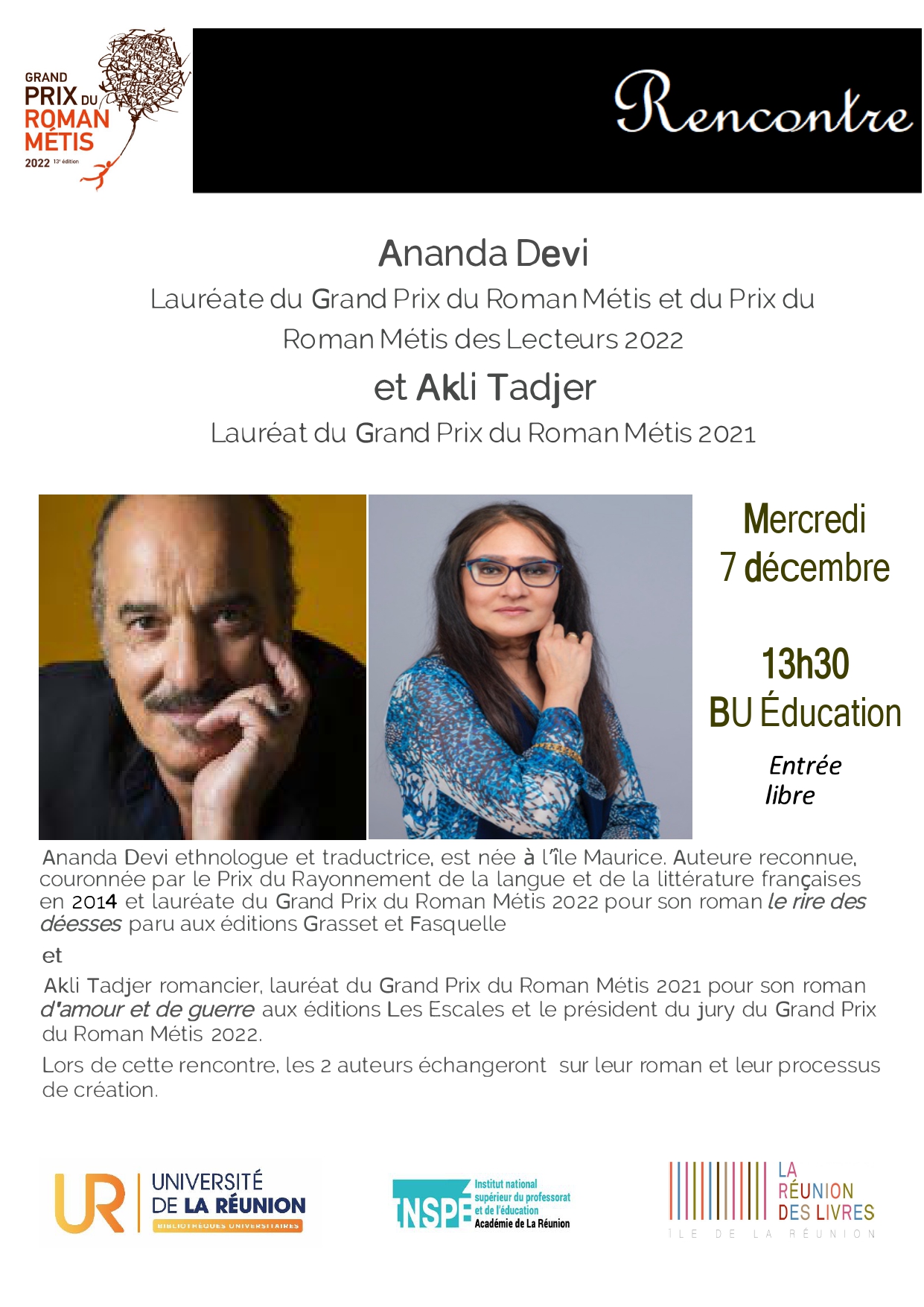 Rencontre avec Ananda DEVI et Akli TADJER - Université de La Réunion