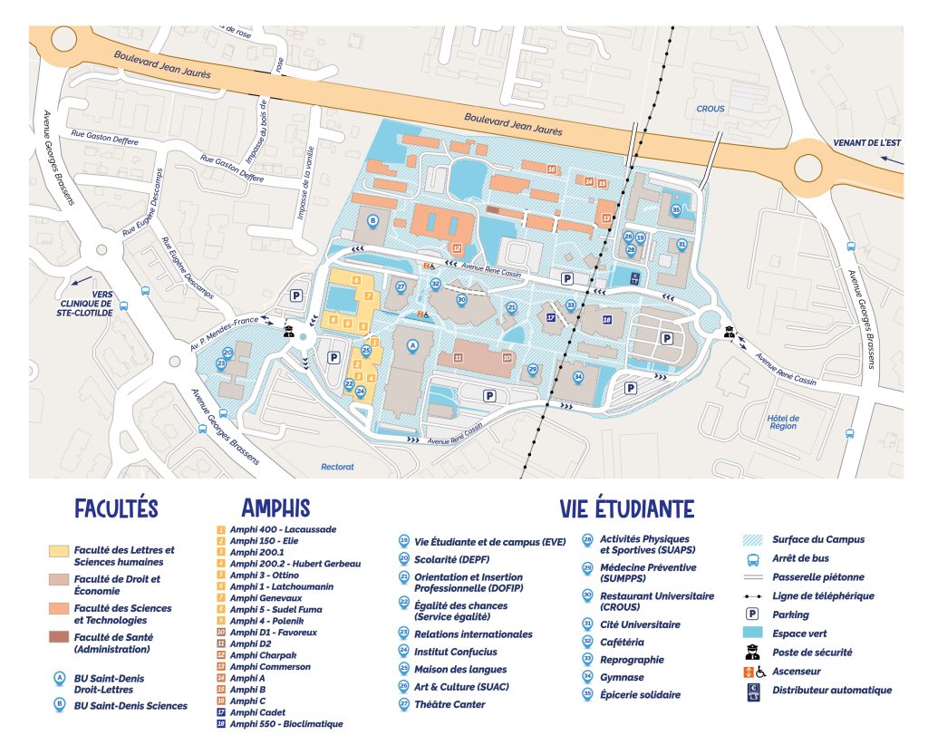 Plan du campus du Moufia montrant l'emplacement des facultés, les amphis et les lieux de vie étudiante