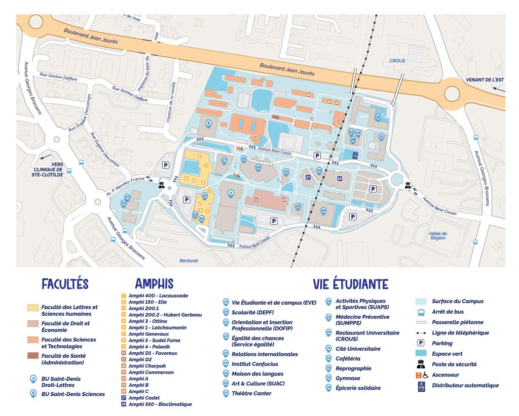 Map of the Moufia campus showing the location of faculties, lecture halls and student living areas