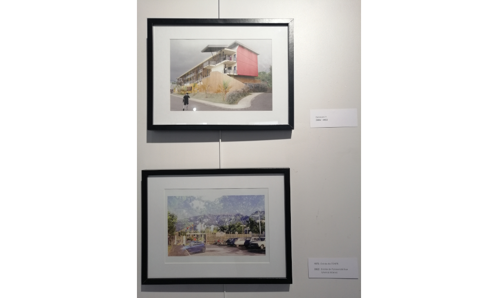 Deux photos sur un mur. La première montre un bâtiment sur le campus, la deuxième montre un parking. 