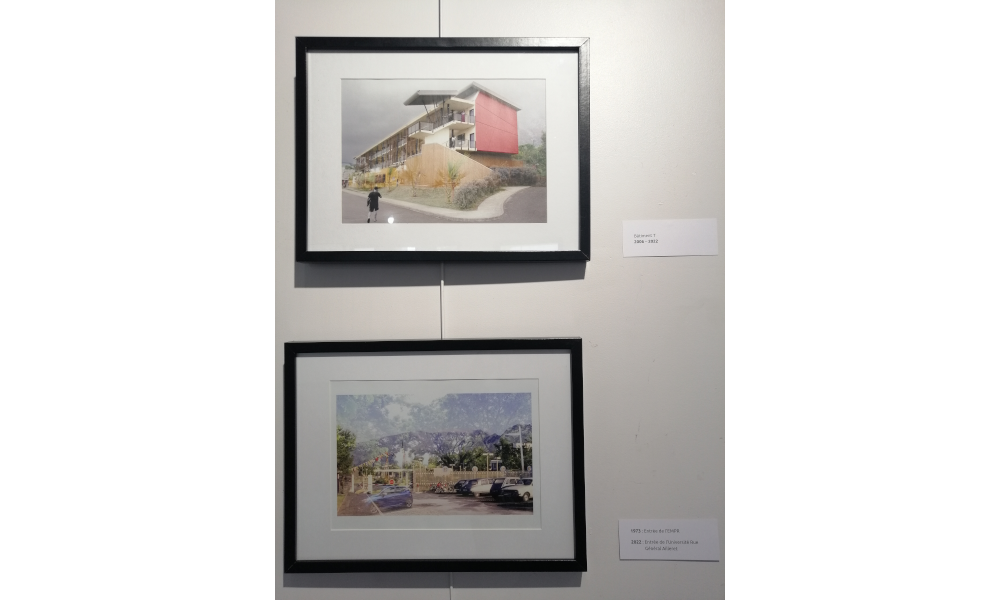 Two photos on a wall. The first shows a building on campus, the second shows a parking lot.