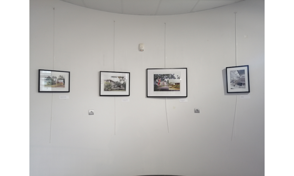 Four photos framed on a wall.