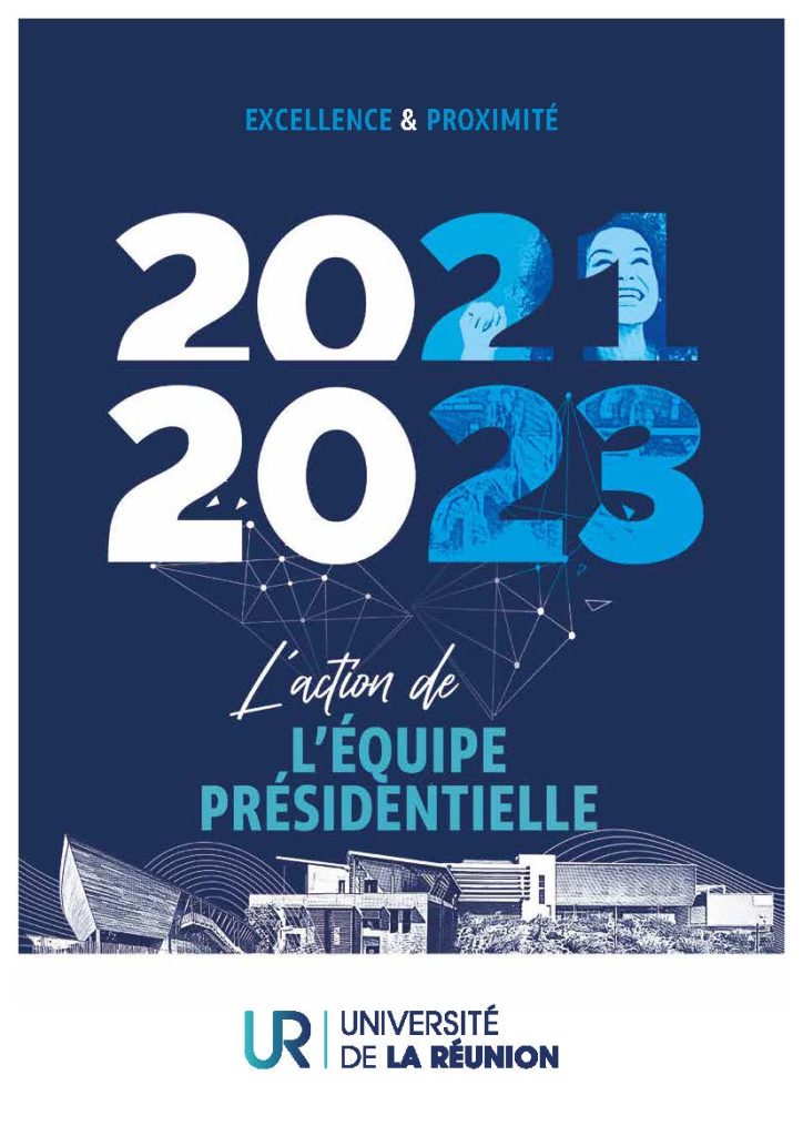 Click to download the report. Photo of the cover of the presidential team's mid-term report In the foreground, on an ultramarine blue background, the years 2021 and 2023 are written in Raleway font. Below, is marked "the action of the presidential team" At the bottom of the page, in gray blue, an illustrated composition showing the main buildings of the university