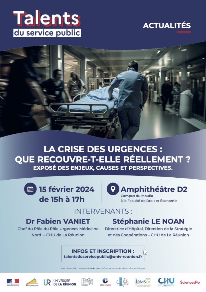 Affiche de la conférence avec un dégradé de bleu de haut en bas, 
En haut à gauche le logo des Prépa Talents, dessous une photo d'une prise en charge aux urgences, suivie des informations relatives à la conférence