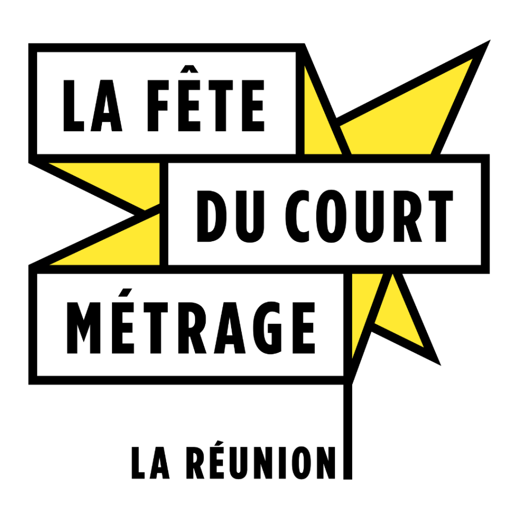 Short film festival logo written in black on a white background. In the background a stylized yellow graphic design. 