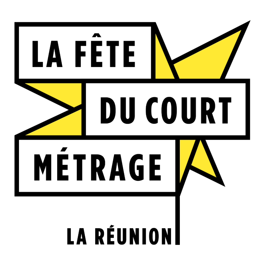 Logo de la fête du court métrage écrit en noir sur fond blanc. 
En arrière plan un design graphique stylisé jaune. 