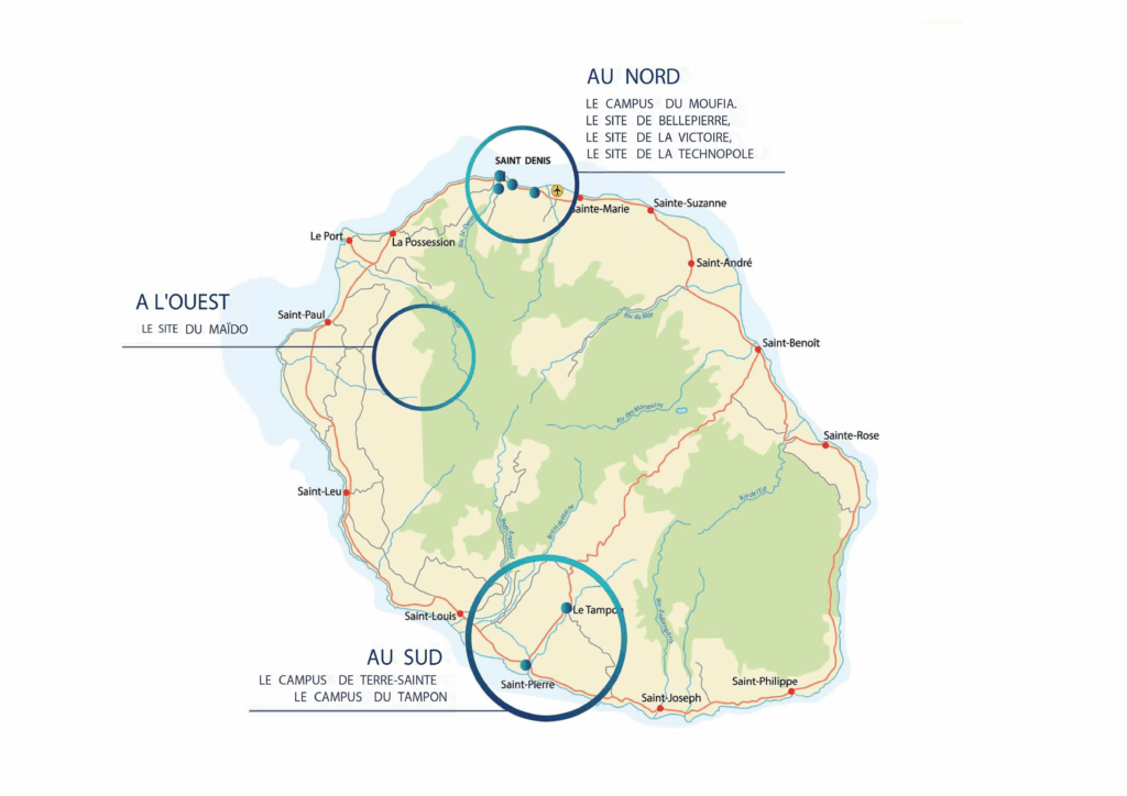 Carte de l'île de La Réunion indiquant les sites et campus de l'Université de La Réunion sur l'île. 