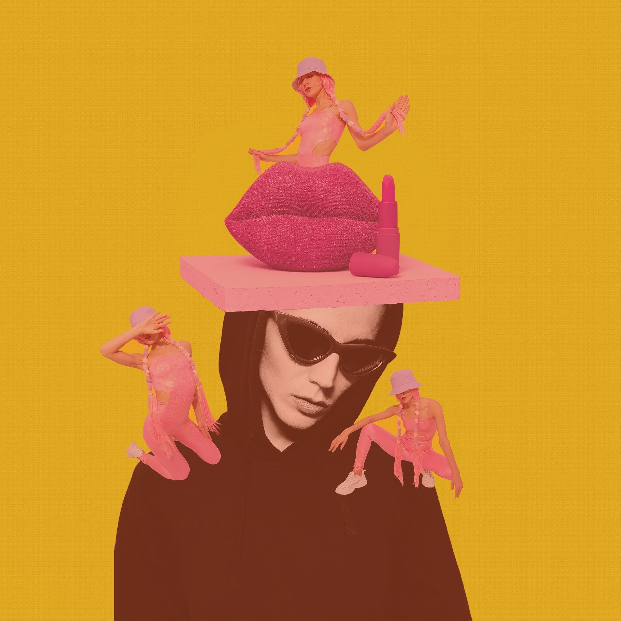 Collage graphique : une personne en capuche et lunettes de soleil, coiffée d'une sculpture de lèvres roses et de petites silhouettes