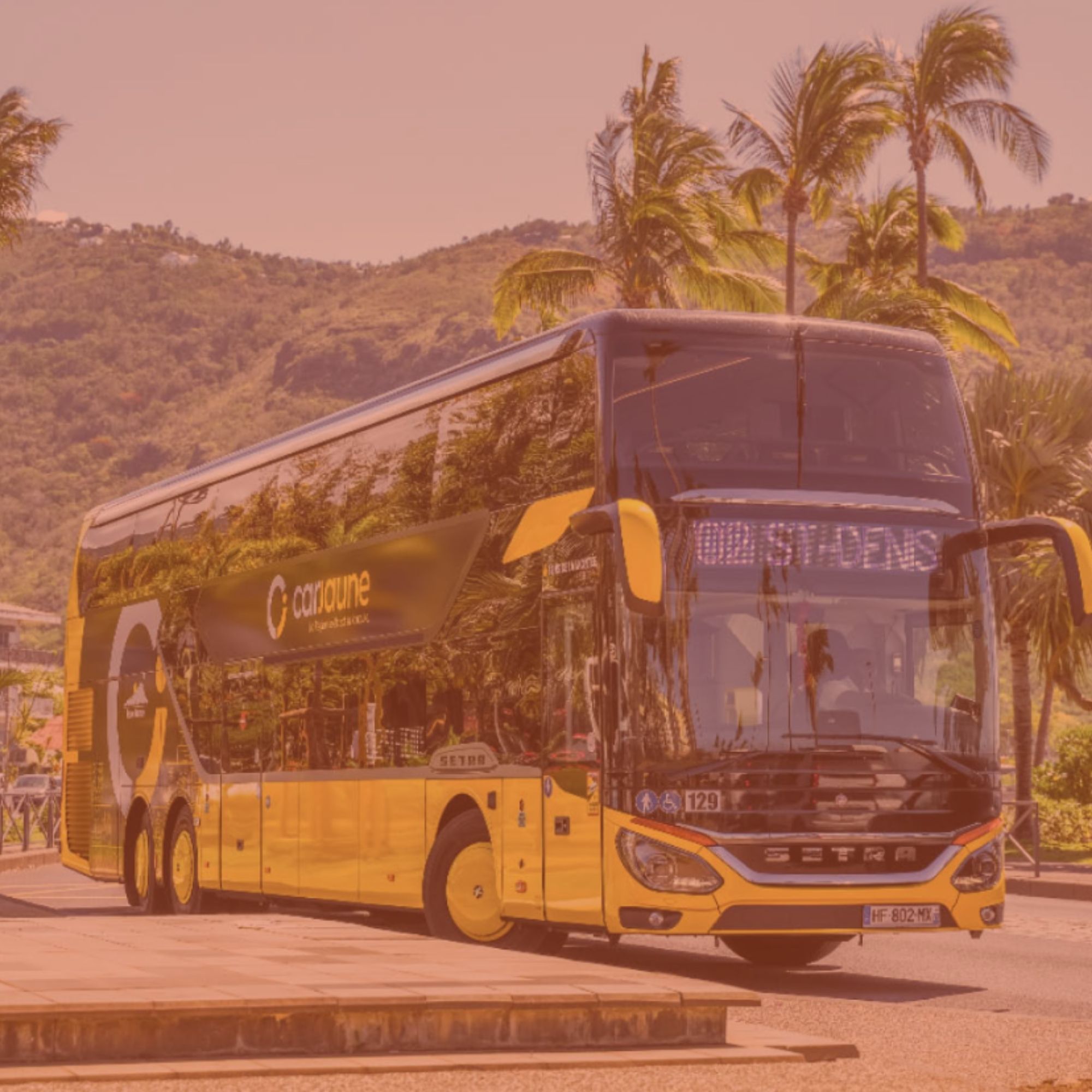 Autocar jaune affichant « St-Denis », avec des palmiers et des montagnes en arrière-plan.
